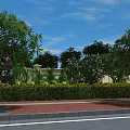 Vibrant Shrubs with Trees Bearing Pink Flowers Along Red Brick Pavement Under Blue Sky