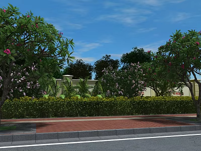 Vibrant Shrubs with Trees Bearing Pink Flowers Along Red Brick Pavement Under Blue Sky 3d model