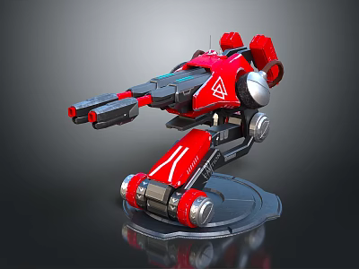 Red Futuristic Mechanical Device With Cannon Barrel And Metallic Joints On Base Platform 3d model