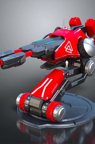 Red Futuristic Mechanical Device With Cannon Barrel And Metallic Joints On Base Platform 3d model
