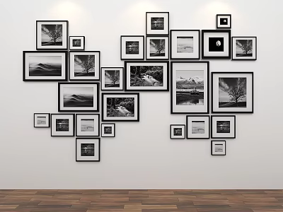 Photo Wall With Various Sized Frames Black White Photos On White Wall Wooden Floor 3d model