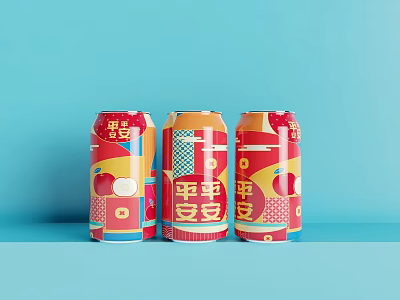 Three Colorful Beverage Cans With Festive Decorative Patterns On Blue Background 3d model