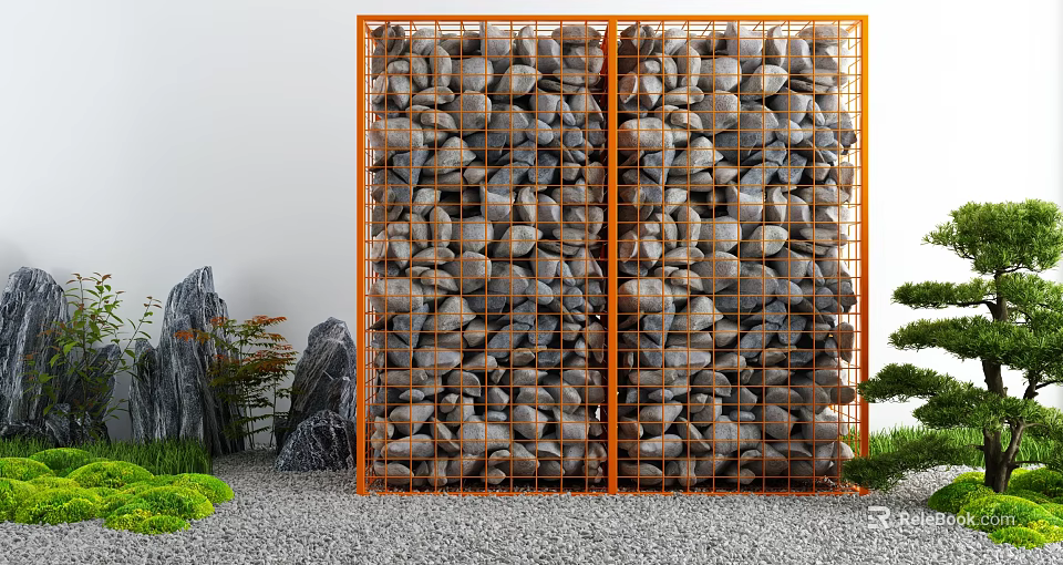 Courtyard Garden Featuring Orange Metal Grid Screen Stones Rock Formations Green Plants On Gravel Ground 3d model 