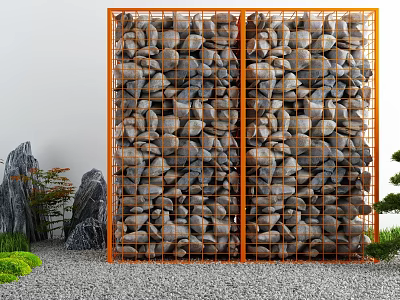Courtyard Garden Featuring Orange Metal Grid Screen Stones Rock Formations Green Plants On Gravel Ground 3d model