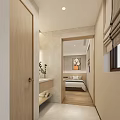 Modern Hotel Room with Twin Beds Window Curtains Table Chair and Wall Artwork