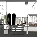Modern White Clothing Store with Hanging Clothes Display Tables Mirrors Plants and Lighting