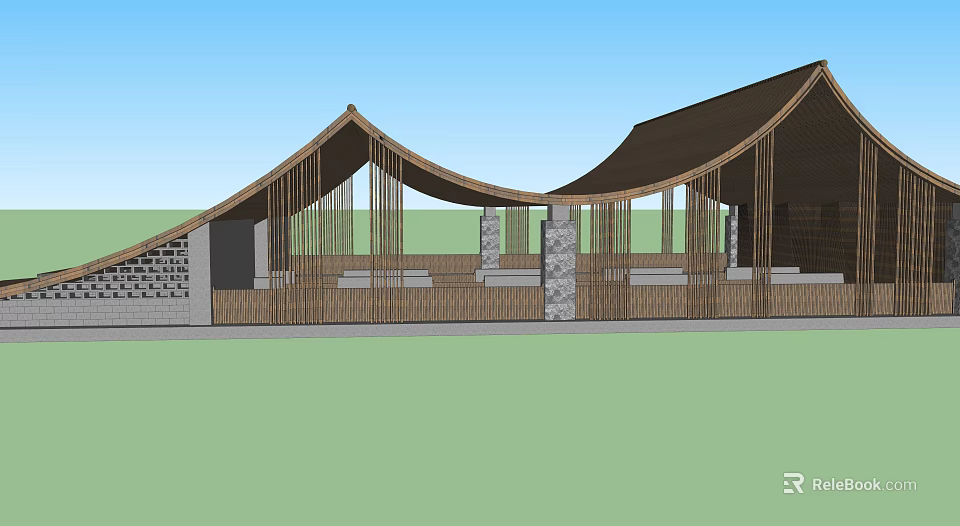 Unique Curved Roof Wooden Pavilion Structure With Stone Pillars And Open Design 3d model 