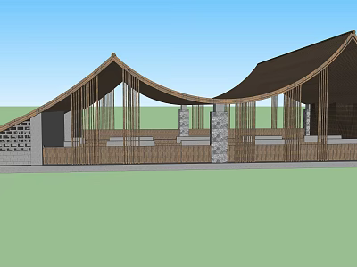 Unique Curved Roof Wooden Pavilion Structure With Stone Pillars And Open Design 3d model