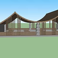Unique Curved Roof Wooden Pavilion Structure With Stone Pillars And Open Design