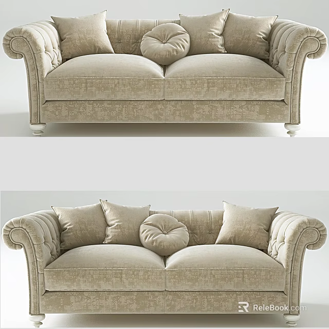 Classic Elegant Two Seater Sofa Design With Tufted Back And Rolled Arms Beige Fabric Pillows 3d model 