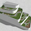 Multi Level Rooftop Garden Design With Green Lawn And Winding Paths 3d model