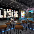 Modern Bar Interior Design With Chandeliers Stained Glass Windows Bar Stools And Stage Lights