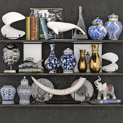 New Chinese Style Ornaments Combination Blue and White Porcelain Ceramic Porcelain Whale Elephant Ivory Book Decorative Painting Ornaments 3d model