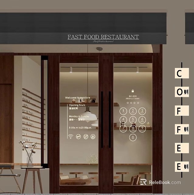 Modern Café Interior With Glass Doors Wooden Accents Menu Icons And Warm Lighting 3d model 