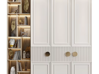 Modern White Wardrobe With Panel Doors Gold Round Handles And Storage Shelves 3d model