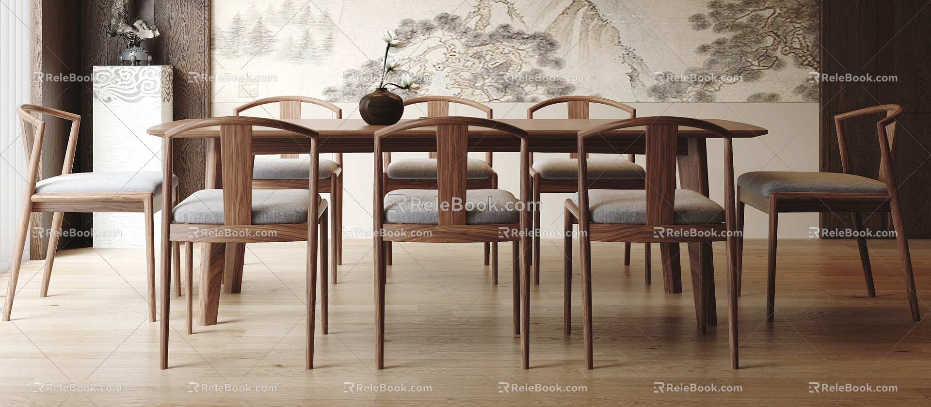 New Chinese Dining Table and Chair Combination Rectangular Dining Table Dining Chair 3d model