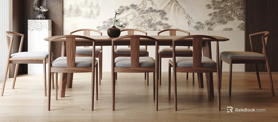 Chinese Style Wooden Dining Table Set With Six Chairs And Vase Plant Decor 3d model 