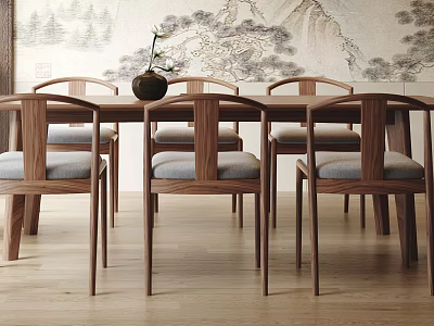 Chinese Style Wooden Dining Table Set With Six Chairs And Vase Plant Decor 3d model