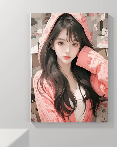 Portrait of Young Woman in Pink Floral Hoodie with Long Hair and Sticker Flower Background 3d model