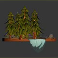 Scenic Landscape with Tall Pine Trees Blue River Small Waterfall Wooden Log and Purple Flowers