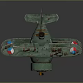 Vintage Green Biplane Model with Red Blue Markings and Yellow Propeller in Space Aviation