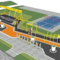 Outdoor Community Fitness Park With Yellow Equipment Track Tennis Court And Green Areas
