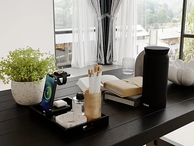 Inflatable Air Mold Decor For Modern Office Desk With Stationery And Green Plant 3d model