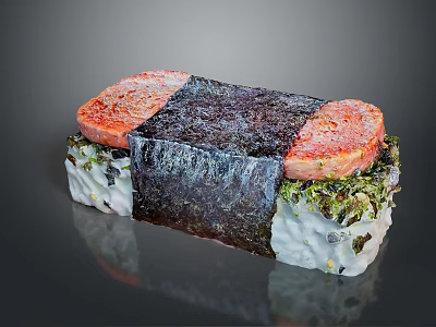 Fresh Square Sushi With Salmon Topping Nori Wrapper Rice Base And Green Seaweed Garnish 3d model
