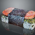 Fresh Square Sushi With Salmon Topping Nori Wrapper Rice Base And Green Seaweed Garnish