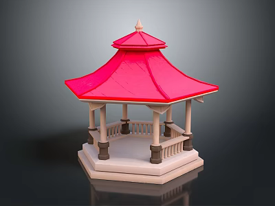 Traditional Style Pavilion With Red Roof White Pillars And Hexagonal Base 3d model