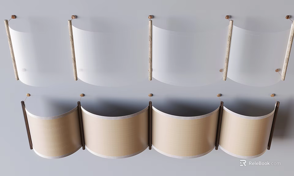 Elegant Ceiling Drapery With Curved Beige Fabric And Gold Mounting Rods 3d model 