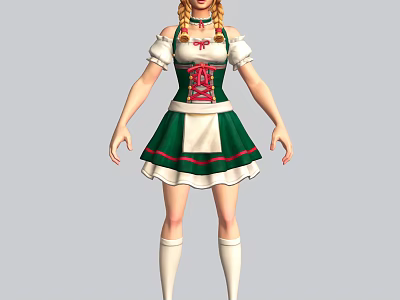 Game Movie Character In Traditional Green White Dress With Red Bow Blonde Braids White Stockings 3d model