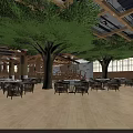 Cozy Wooden Dining Tables With Rattan Chairs In Spacious Themed Restaurant With Large Indoor Trees