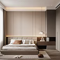 Modern Minimalist Bedroom Interior With Comfortable Bed Curtains Nightstand Hanging Lamp And Wooden Wardrobe