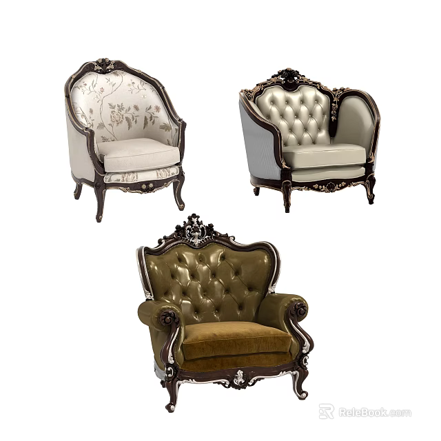 Classic Single Sofa With Tufted Upholstery Carved Details And Wooden Frame 3d model 