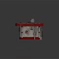 Vintage Small Building With Red Roof Blue Door Grid Windows And Roof Appliances