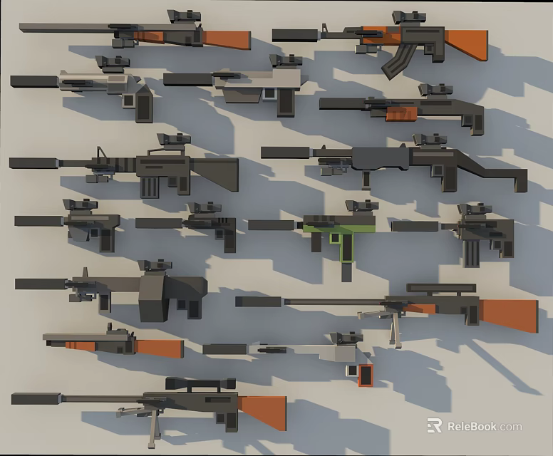 Various Types of Tactical Weapons Including Rifles Sniper Rifles with Black Gray and Orange Components 3d model 
