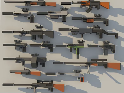 Various Types of Tactical Weapons Including Rifles Sniper Rifles with Black Gray and Orange Components 3d model