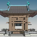 Traditional Chinese Pavilion with Overhanging Eaves Wooden Columns White Railings and Stone Steps