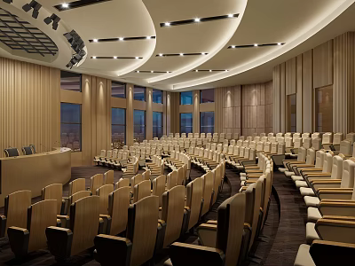 Spacious Conference Room With Rows Of Seats Wooden Walls And Modern Ceiling Lighting 3d model