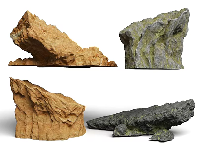 Four Natural Rock Specimens With Brown Gray Colors And Unique Irregular Shapes 3d model