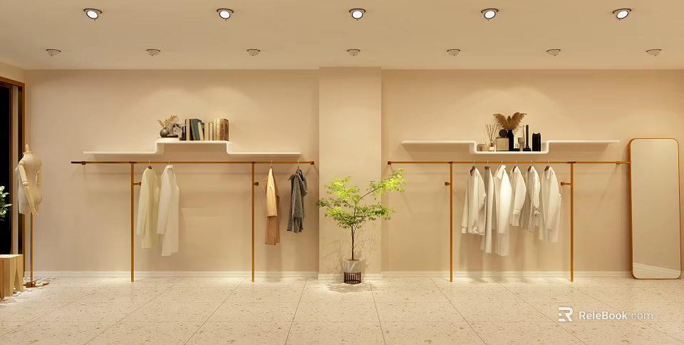 Clothing Store Display With Hanging Clothes Gold Racks Beige Walls Ceiling Lights and Potted Plant 3d model 