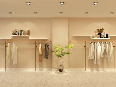 Clothing Store Display With Hanging Clothes Gold Racks Beige Walls Ceiling Lights and Potted Plant 3d model