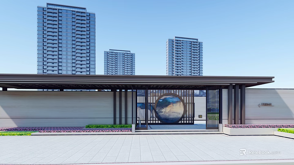 Modern Entrance Gate Design With High Rise Buildings Spherical Sculpture Green Plants And Stone Wall 3d model 