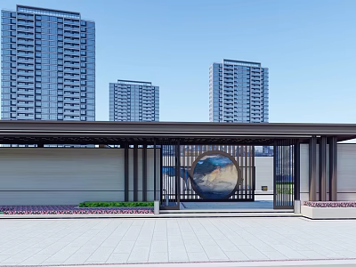 Modern Entrance Gate Design With High Rise Buildings Spherical Sculpture Green Plants And Stone Wall 3d model
