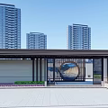 Modern Entrance Gate Design With High Rise Buildings Spherical Sculpture Green Plants And Stone Wall