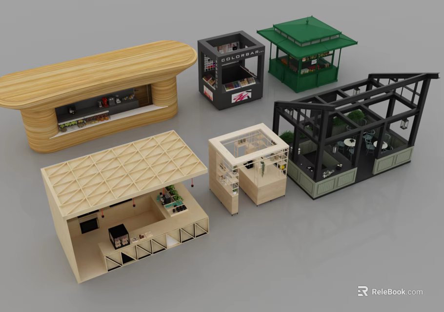 Small Commercial Kiosk Models With Various Designs Wooden Roofs Glass Structures And Display Windows 3d model 