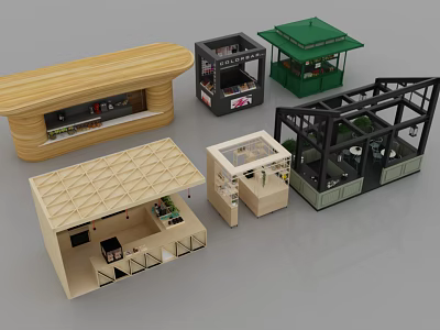 Small Commercial Kiosk Models With Various Designs Wooden Roofs Glass Structures And Display Windows 3d model
