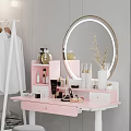 Pink Dressing Table Interior With Organized Cosmetics Skincare And Round Mirror