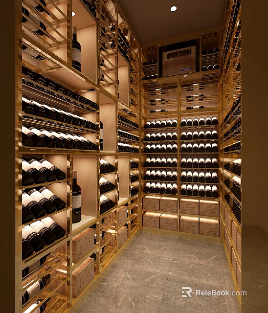 Luxurious Wine Cellar Interior With Wooden Racks And Neatly Arranged Red Wine Bottles 3d model 